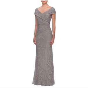 La Femme Platinum Portrait Neckline Lace Embellished Trumpet Gown 6 Style 27972